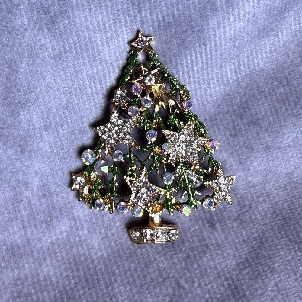 Christmas Tree Brooch Pin Green Stones‎ Gold Tone 1.5 Inches
